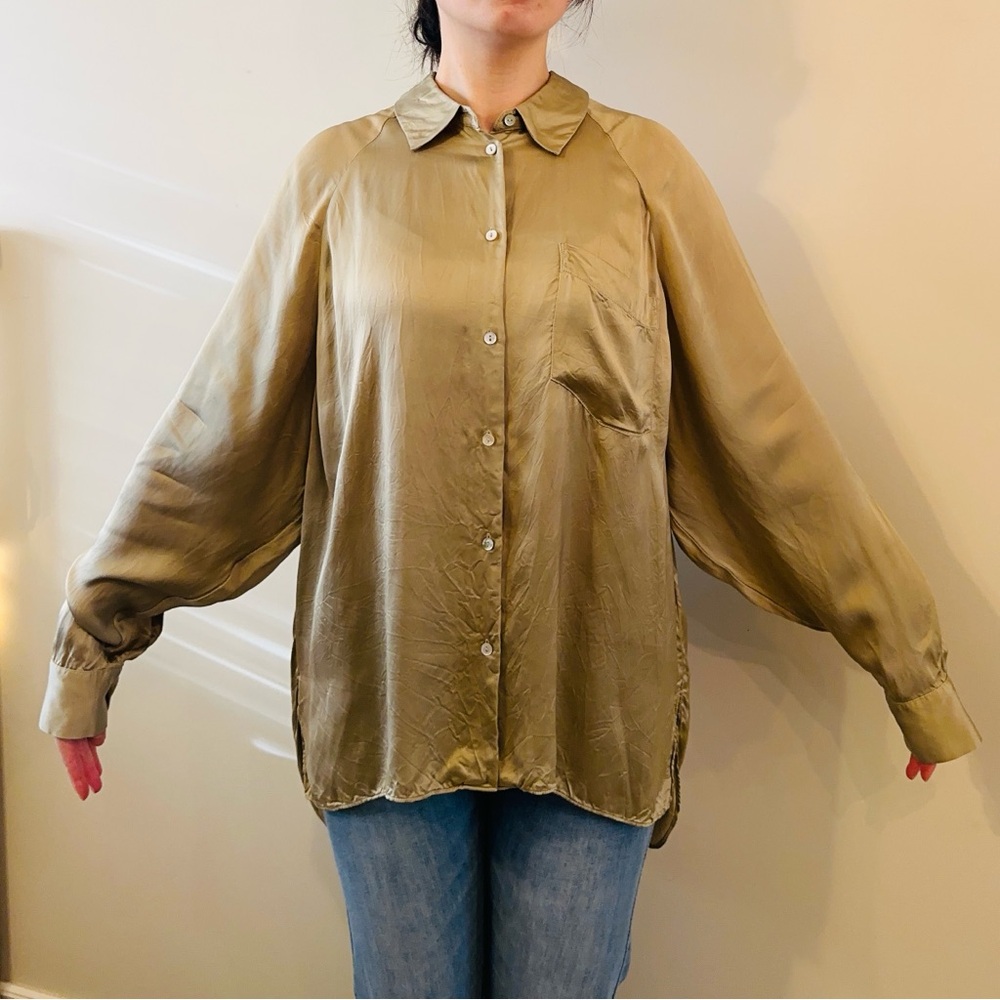 Aritzia Wilfred Olive Satin Button Up